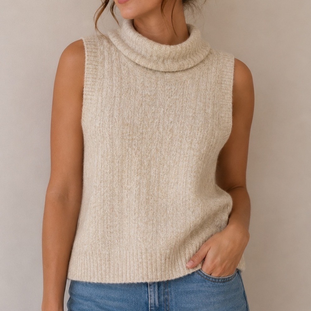 1.STATE Sleeveless Turtleneck Sweater Vest S Oatmeal Knit Quiet Luxury Preppy